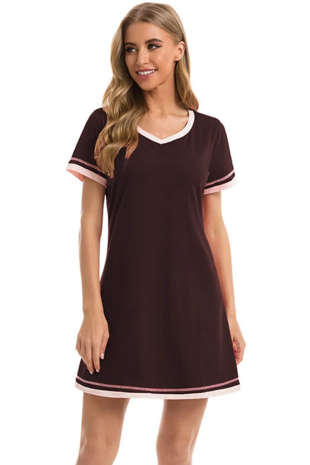 Contrast Trim Short Sleeve Lounge Dress in brown with pink and white trim