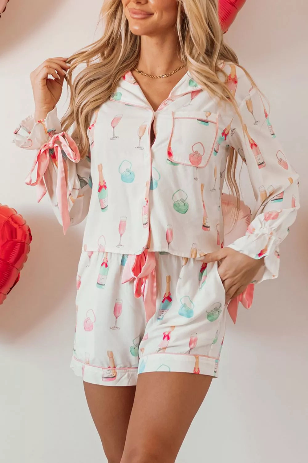 Bow Printed Collared Neck Top and Drawstring Shorts Lounge Set with champagne and purse print