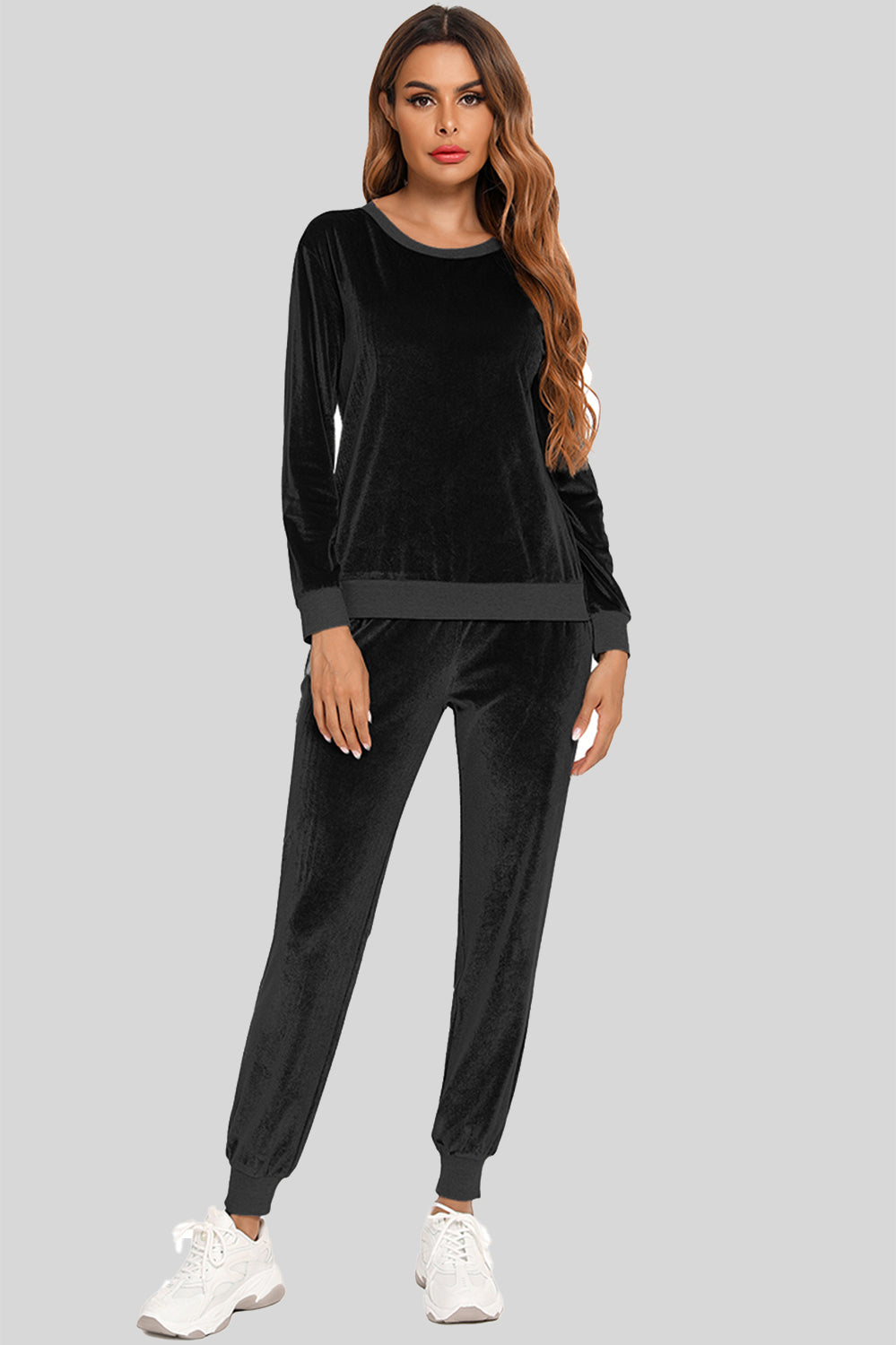 Round Neck Long Sleeve Loungewear Set with Pockets in black velour