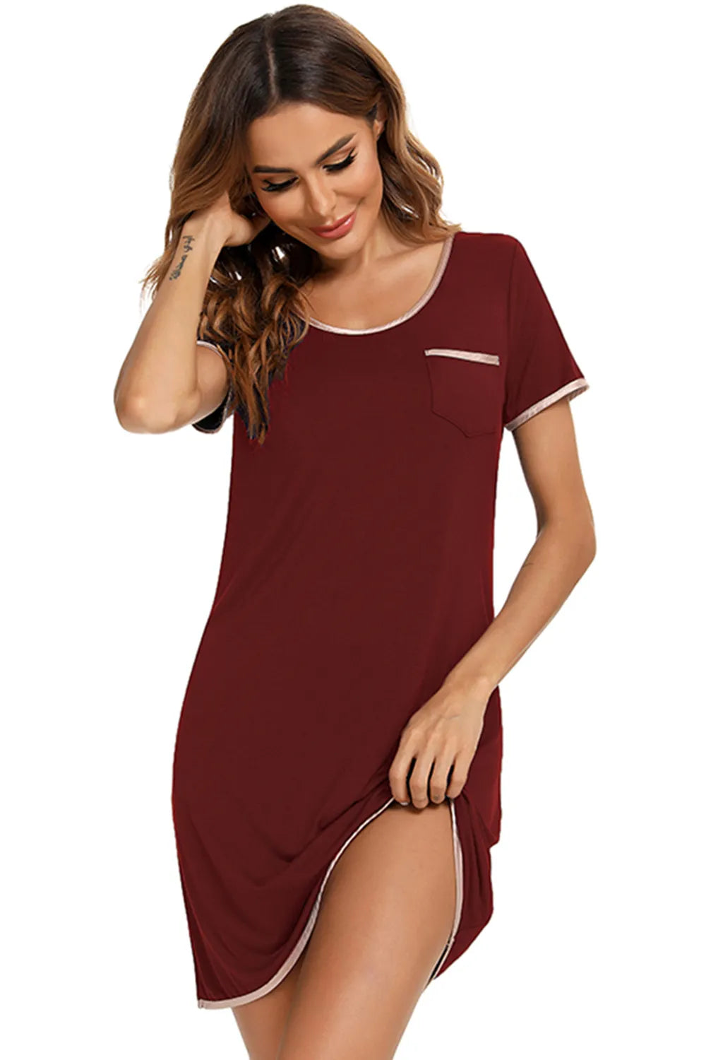 Contrast Trim Pocketed Round Neck Lounge Dress in maroon with white trim, short sleeves, and a chest pocket