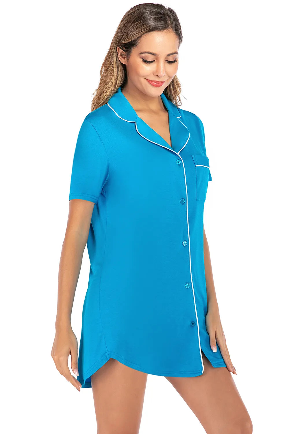 Contrast Piping Pocketed Short Sleeve Lounge Dress in blue with white piping