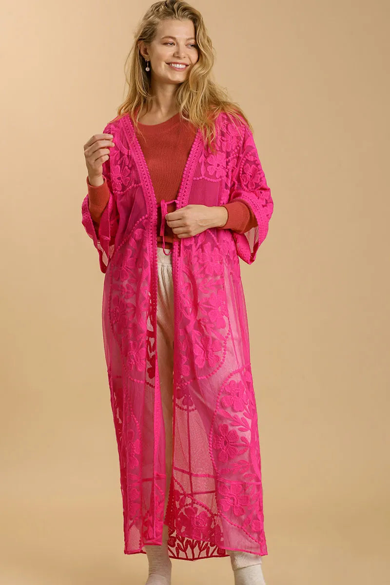 Umgee Floral Lace Open Front Long Kimono with Waist Tie Plus Size