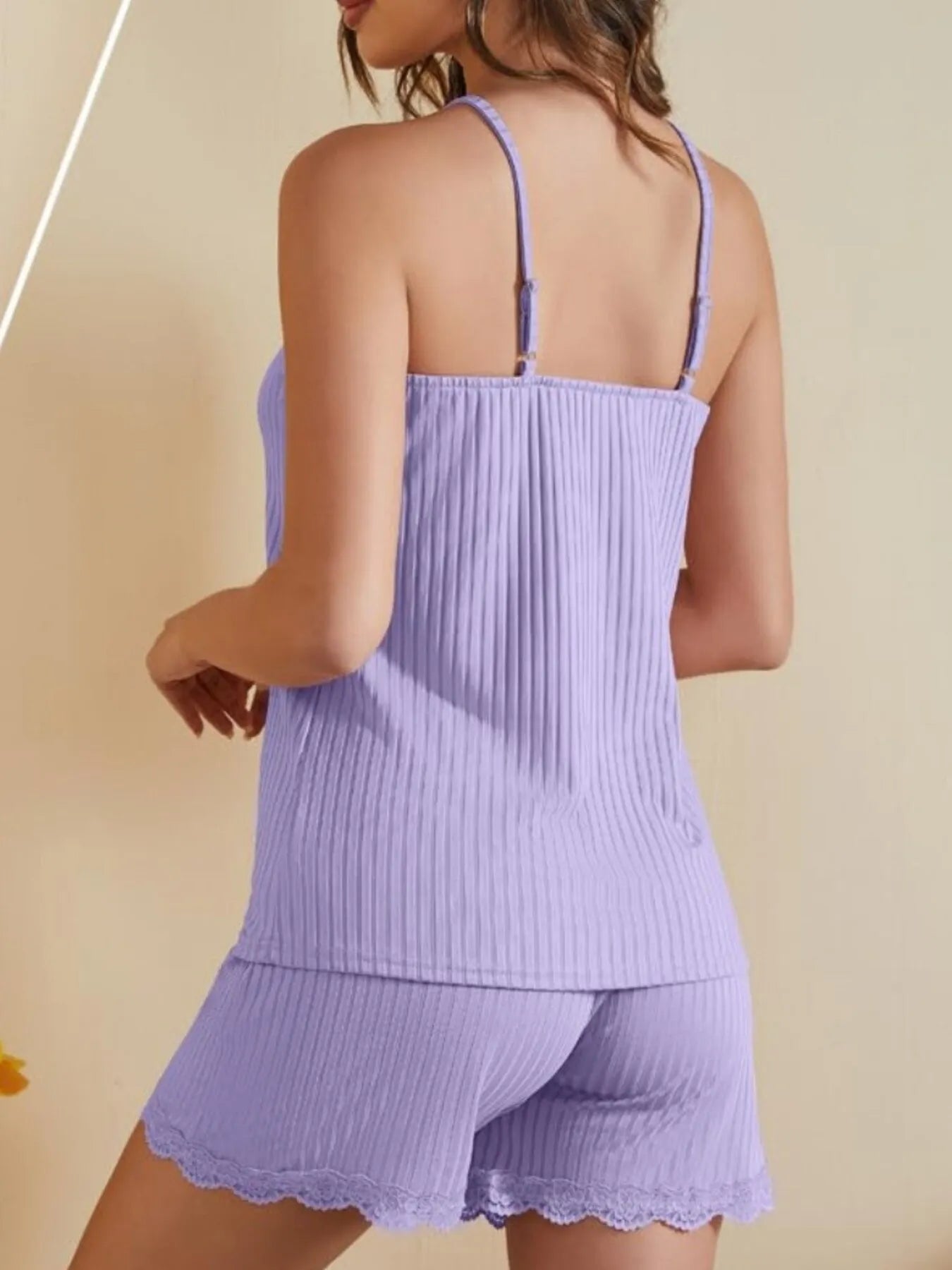 Lace-Trimmed Ribbed Cami and Shorts Lounge Set in purple, back view