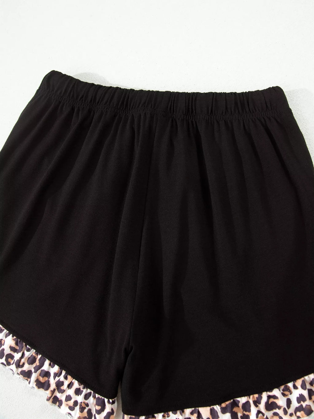 Leopard Patchwork Trim Lapel Shirt Drawstring Shorts 2pcs Pajama Set