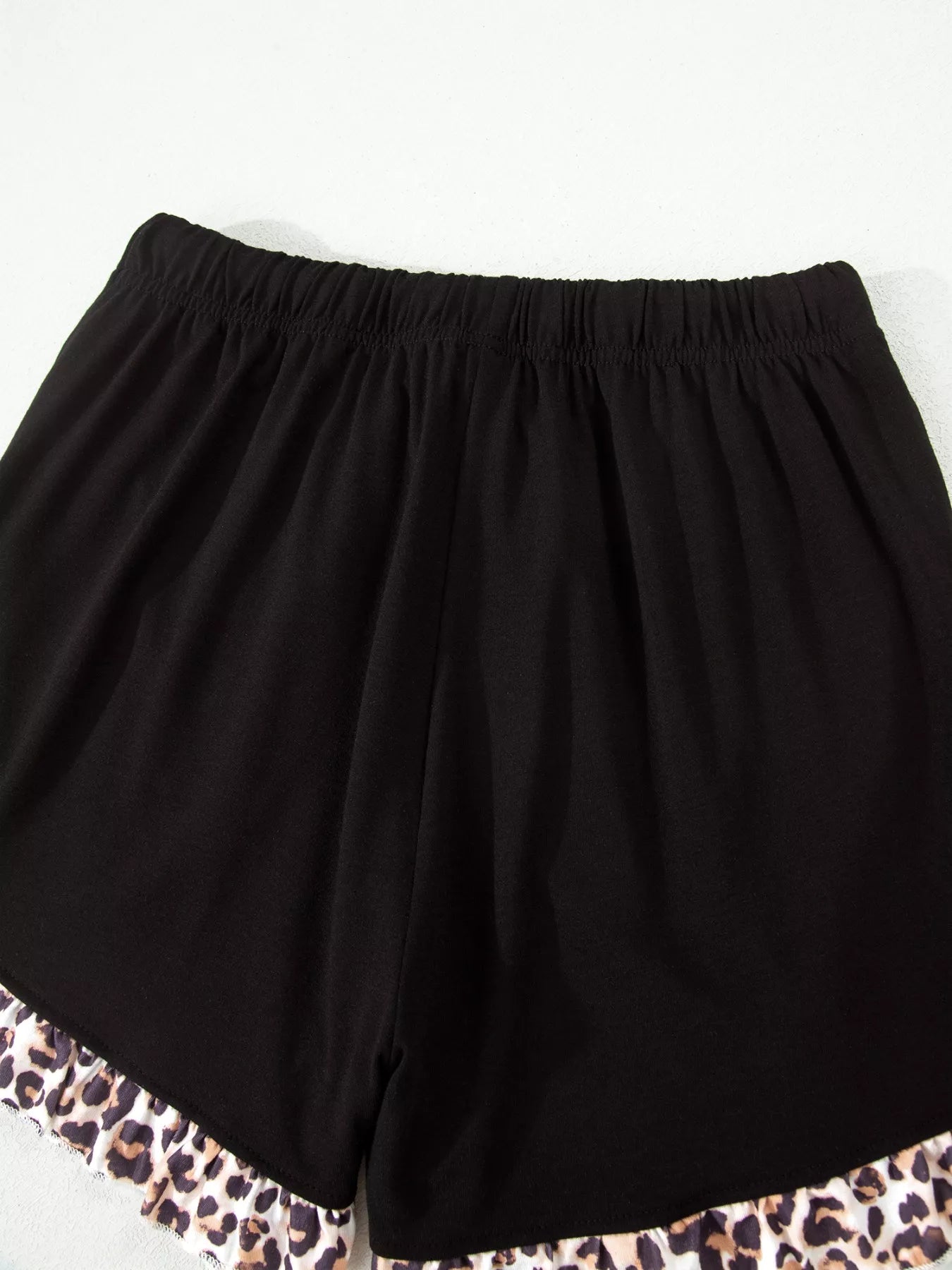 Leopard Patchwork Trim Lapel Shirt Drawstring Shorts 2pcs Pajama Set