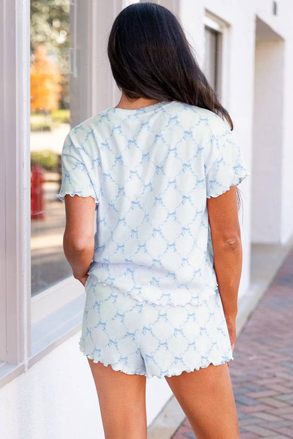 Printed Round Neck Top and Shorts Two-Piece Lounge Set, back view