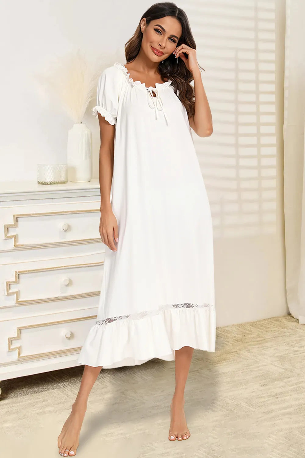 Lace Detail Short Sleeve Lounge Dress in white with ruffled neckline and hem