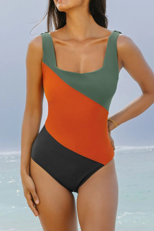 Color Block Padded Square Neck One Piece Swimsuit in green, orange, and black