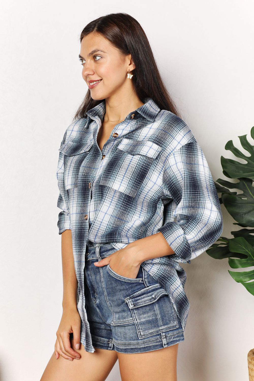 Plaid Button-Front Relaxed Shirt in blue and white plaid, worn with denim shorts