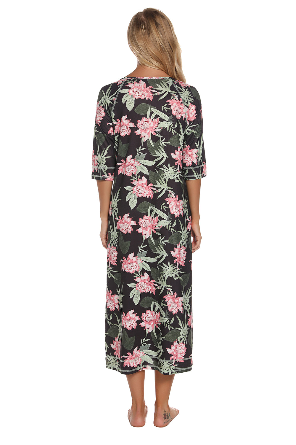 Printed Slit Night Dress with Pockets, back view