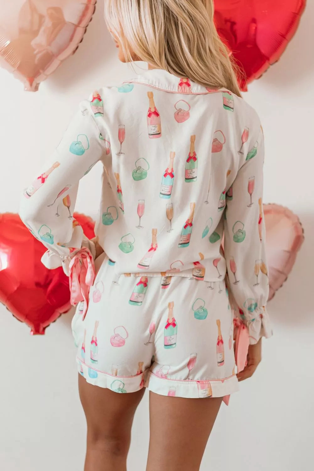 Bow Printed Collared Neck Top and Drawstring Shorts Lounge Set, back view