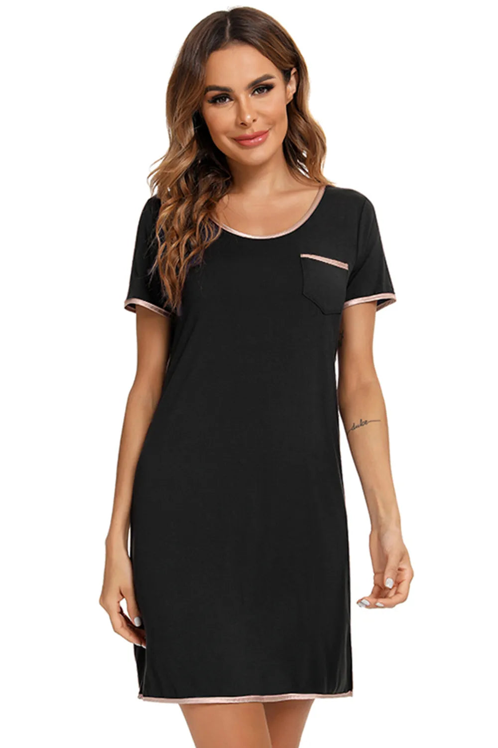 Contrast Trim Pocketed Round Neck Lounge Dress in black with rose gold trim