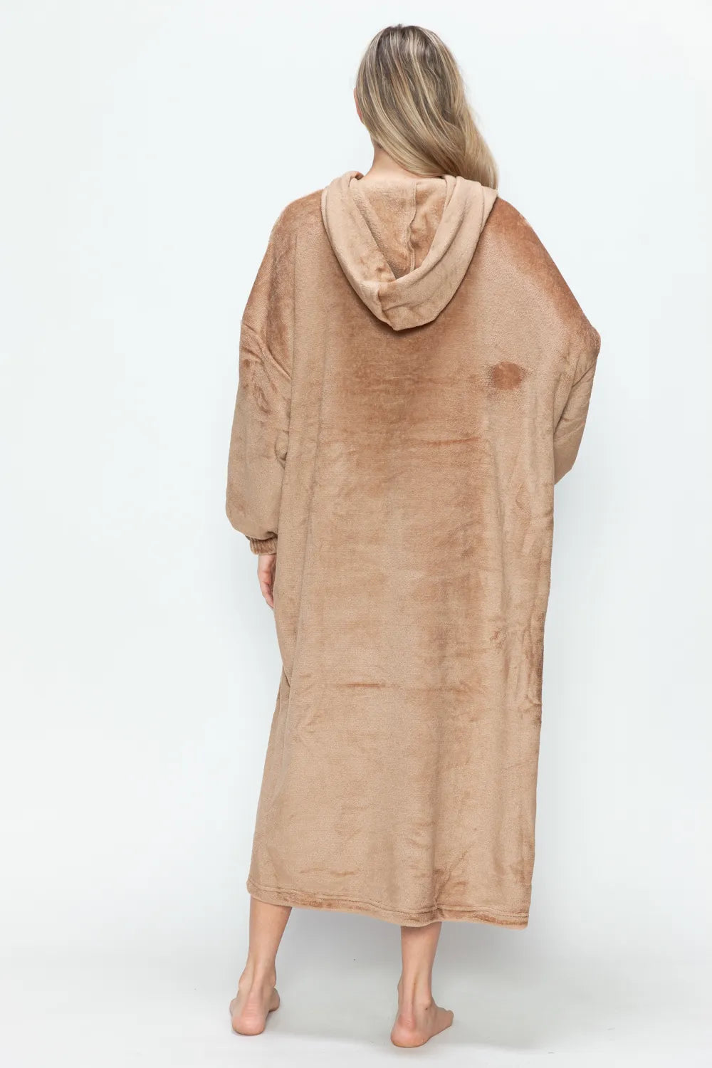 Double Take Full Size Pocketed Hooded Midi Lounge Dress in brown, back view