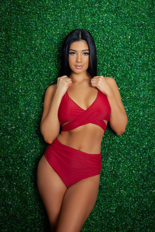 Francesca Swimsuit in red with a wrap-around top and high-waisted bottoms