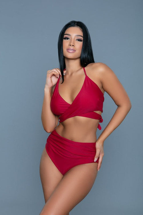 Francesca Swimsuit in red, with a wrap-around top and high-waisted ruched bottoms