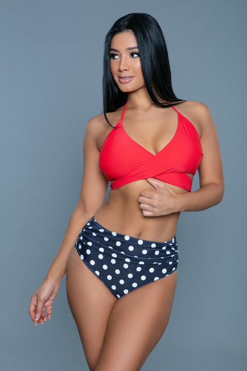 Francesca Swimsuit with red top and navy polka dot bottoms