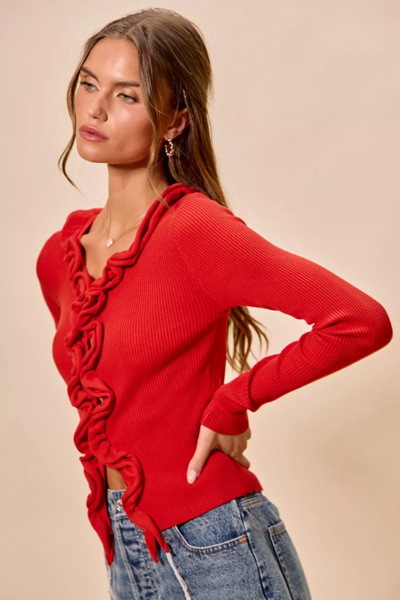 SO ME Cascade Ruffle Ribbed Sweater Cardigan in red with long sleeves and ruffle detail