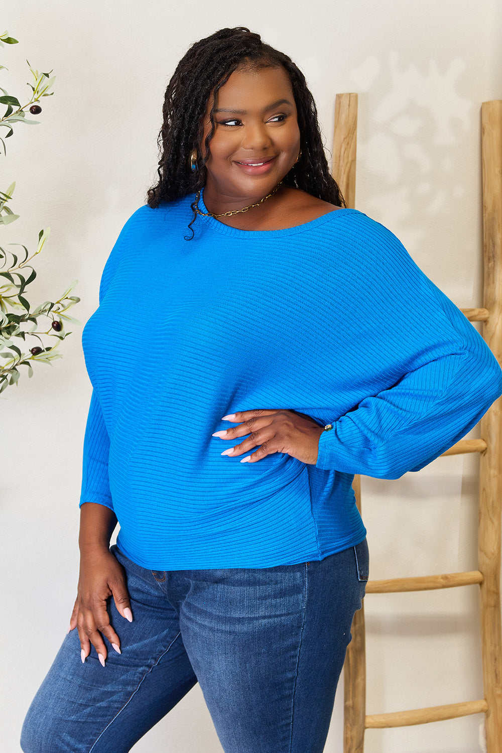 Zenana Round Neck Batwing Sleeve Blouse in blue with dark wash jeans