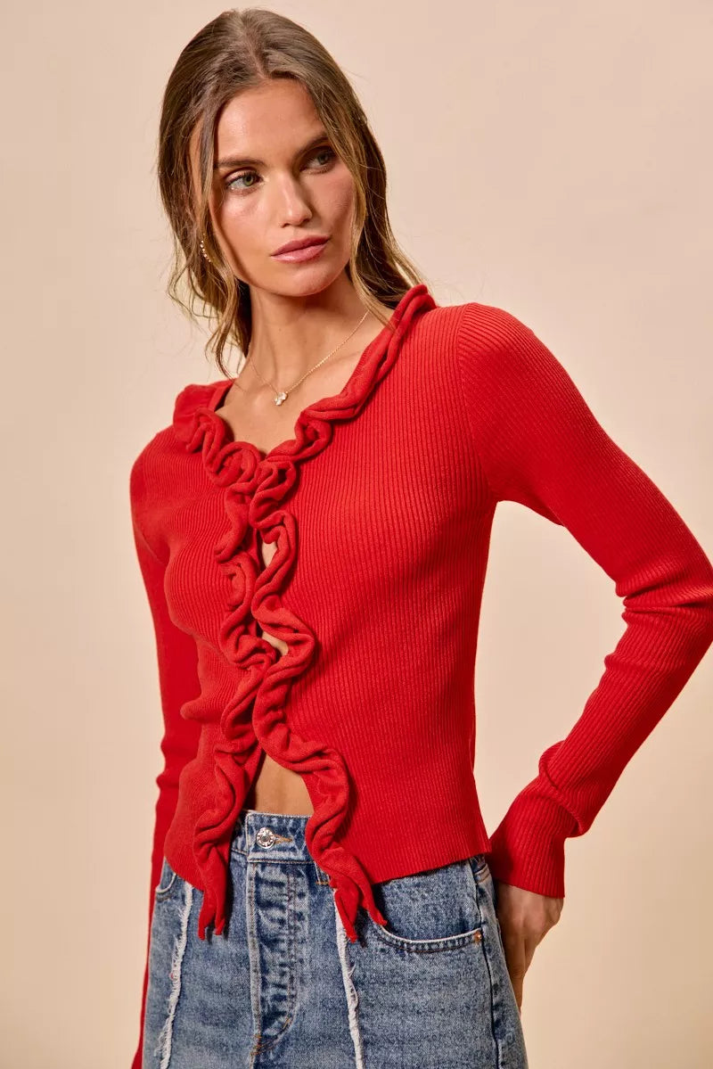 SO ME Cascade Ruffle Ribbed Sweater Cardigan in red with ruffle details and long sleeves