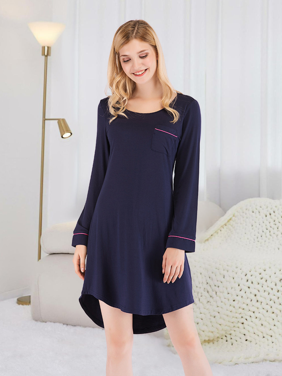 Round Neck Night Dress with Pocket in navy blue with pink trim