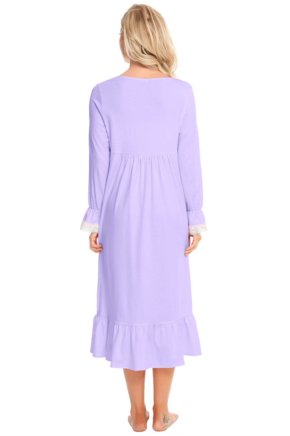 Back view of a woman wearing a purple Lace Detail Square Neck Flounce Sleeve Night Dress