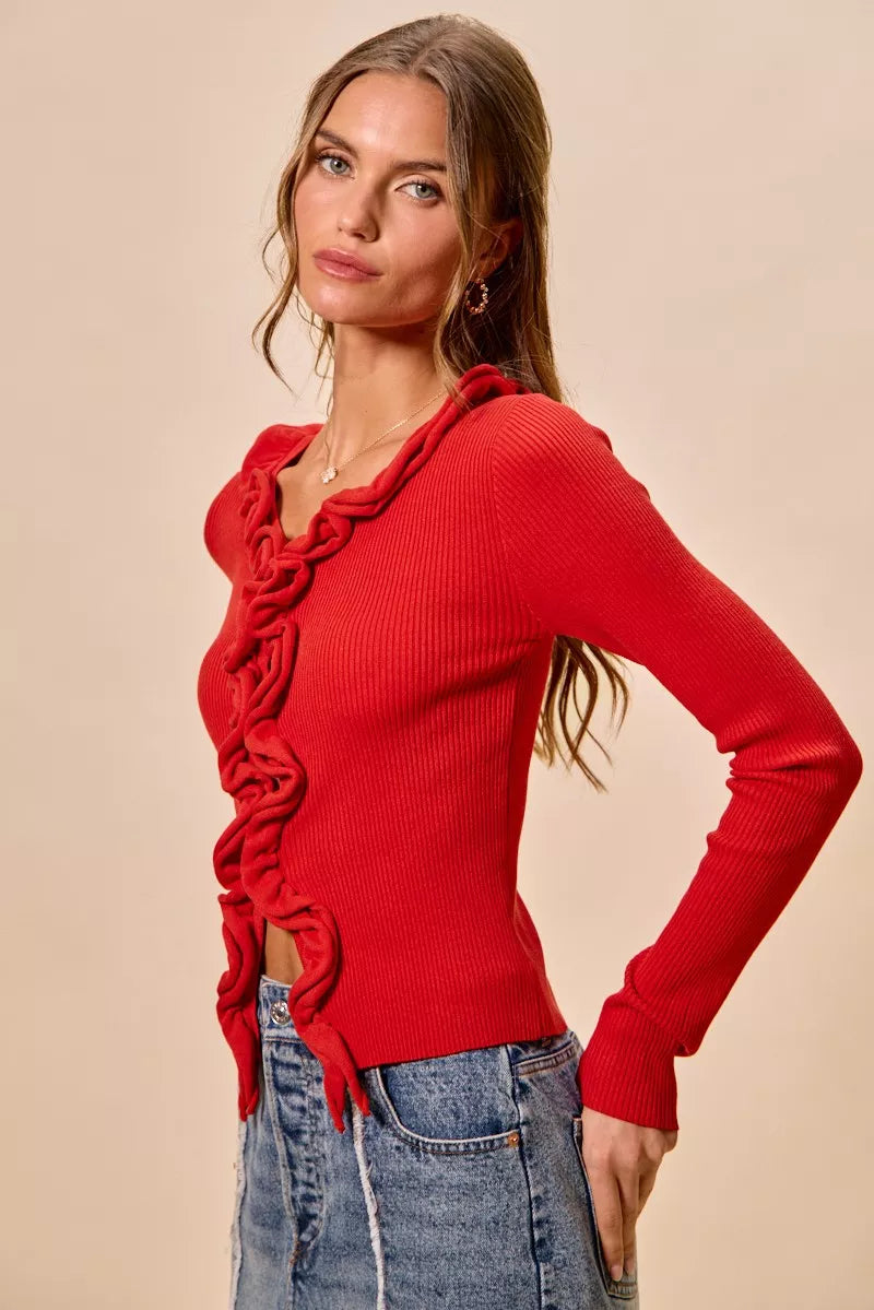 SO ME Cascade Ruffle Ribbed Sweater Cardigan in red with long sleeves and ruffled front