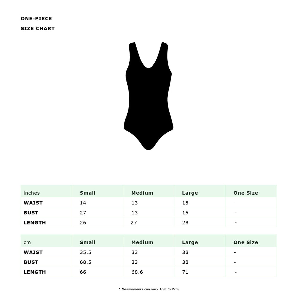 Tropicalia One Piece Swimsuit size chart with measurements in inches and cm for small, medium, and large