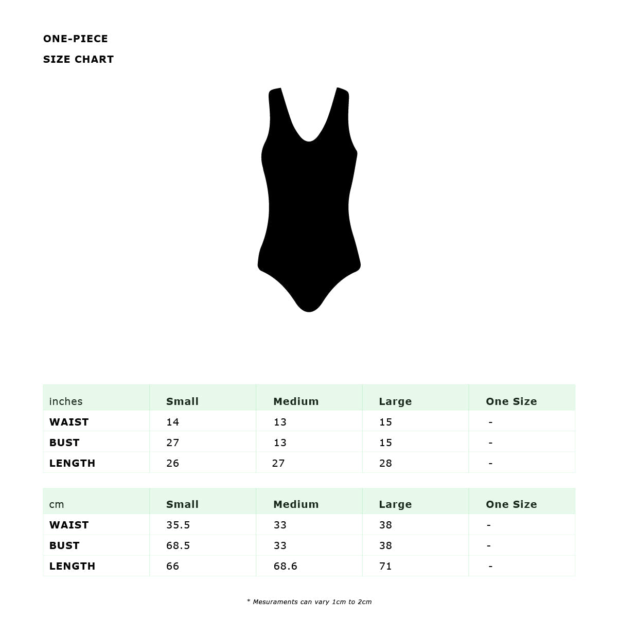 Tropicalia One Piece Swimsuit size chart with measurements in inches and cm for small, medium, and large
