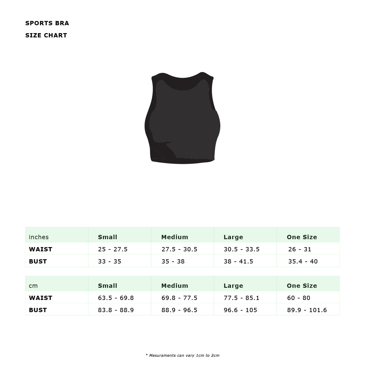 Blue Jungle Sports Bra size chart with measurements in inches and centimeters