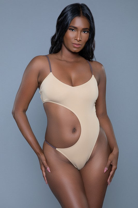 Amelia Swimsuit in beige with side cut-out and thin brown straps
