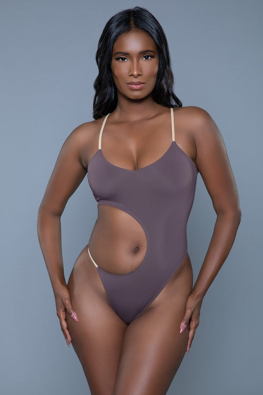 Amelia Swimsuit in dark purple with side cut-out and thin beige straps