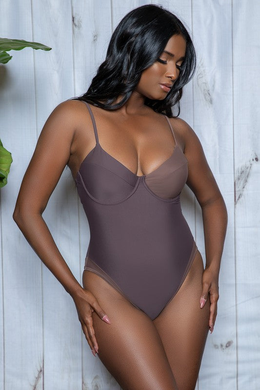 Charlotte Swimsuit in brown with sheer side panels