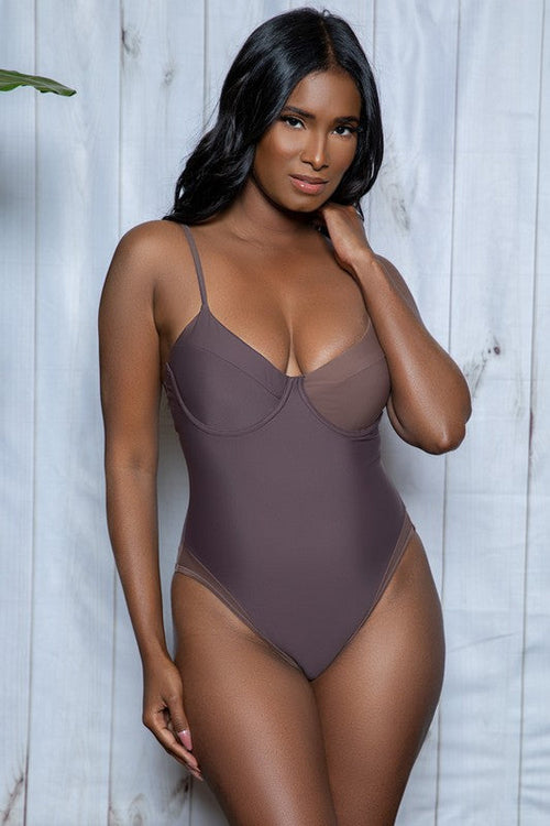 Charlotte Swimsuit in brown with sheer panels