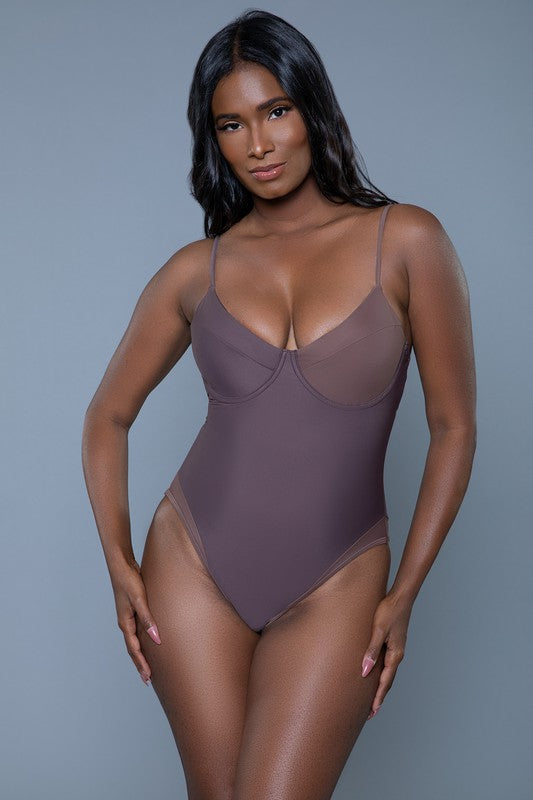 Charlotte Swimsuit in dark brown with sheer side panels