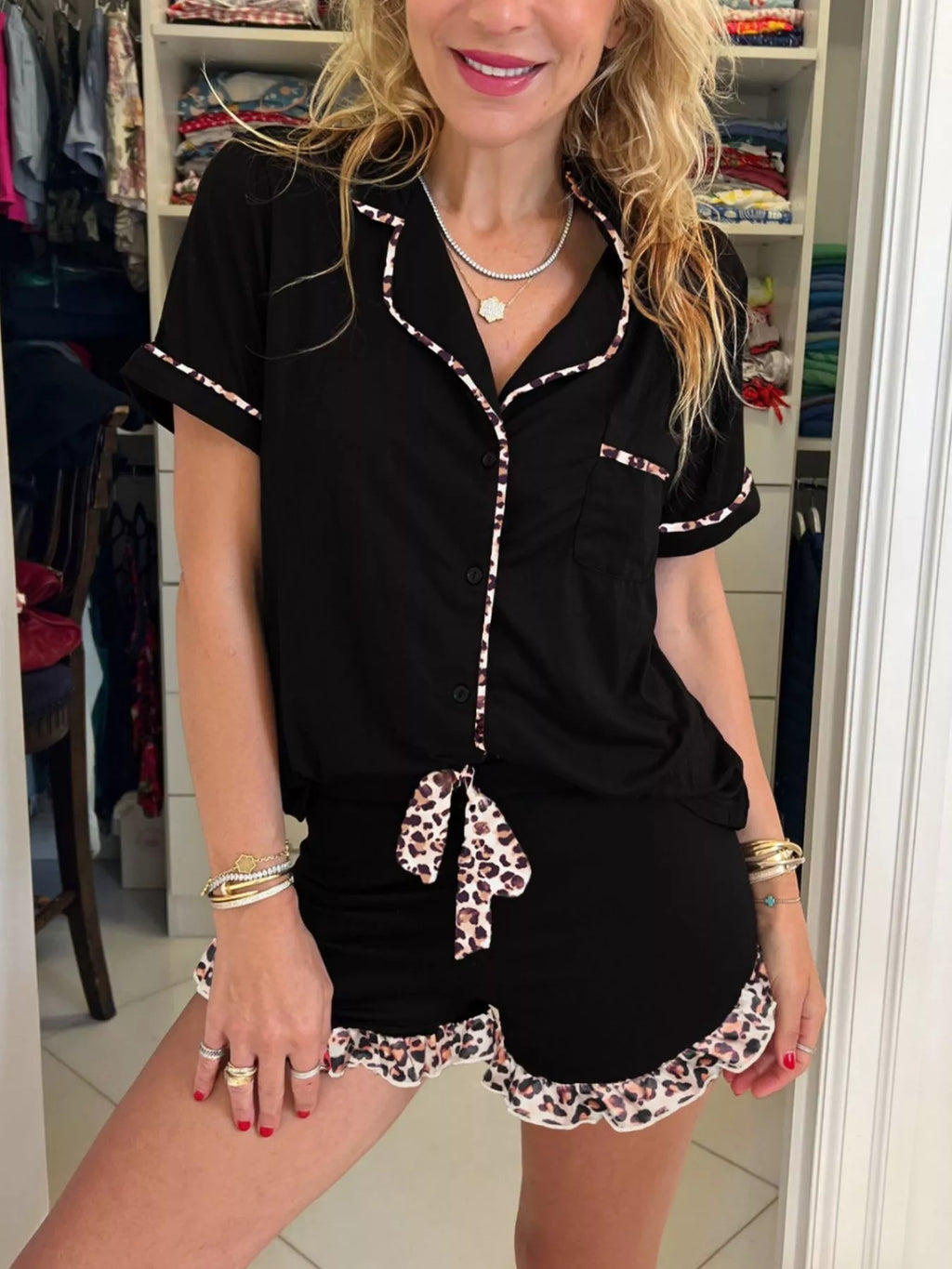 Leopard Patchwork Trim Lapel Shirt Drawstring Shorts 2pcs Pajama Set