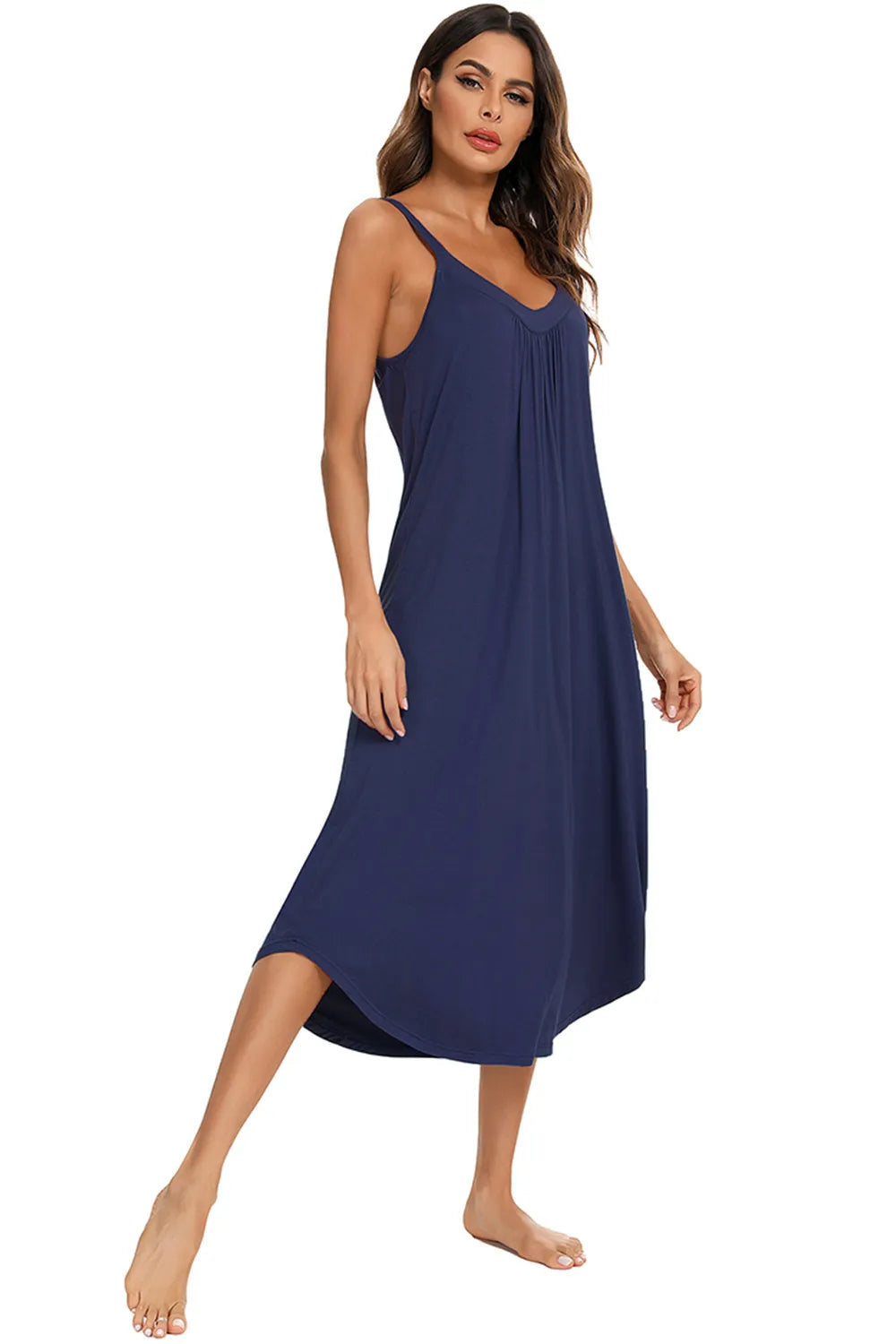 V-Neck Midi Lounge Dress in navy blue with spaghetti straps and a gathered bodice