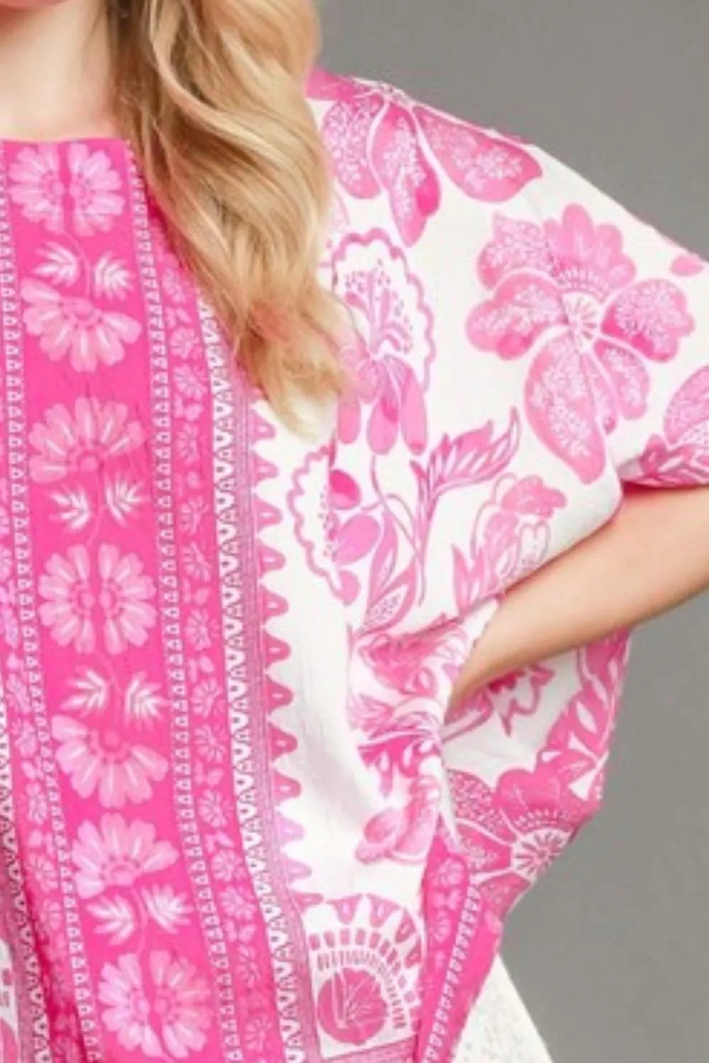 Umgee Floral Border Print Oversized Top Plus Size in pink and white