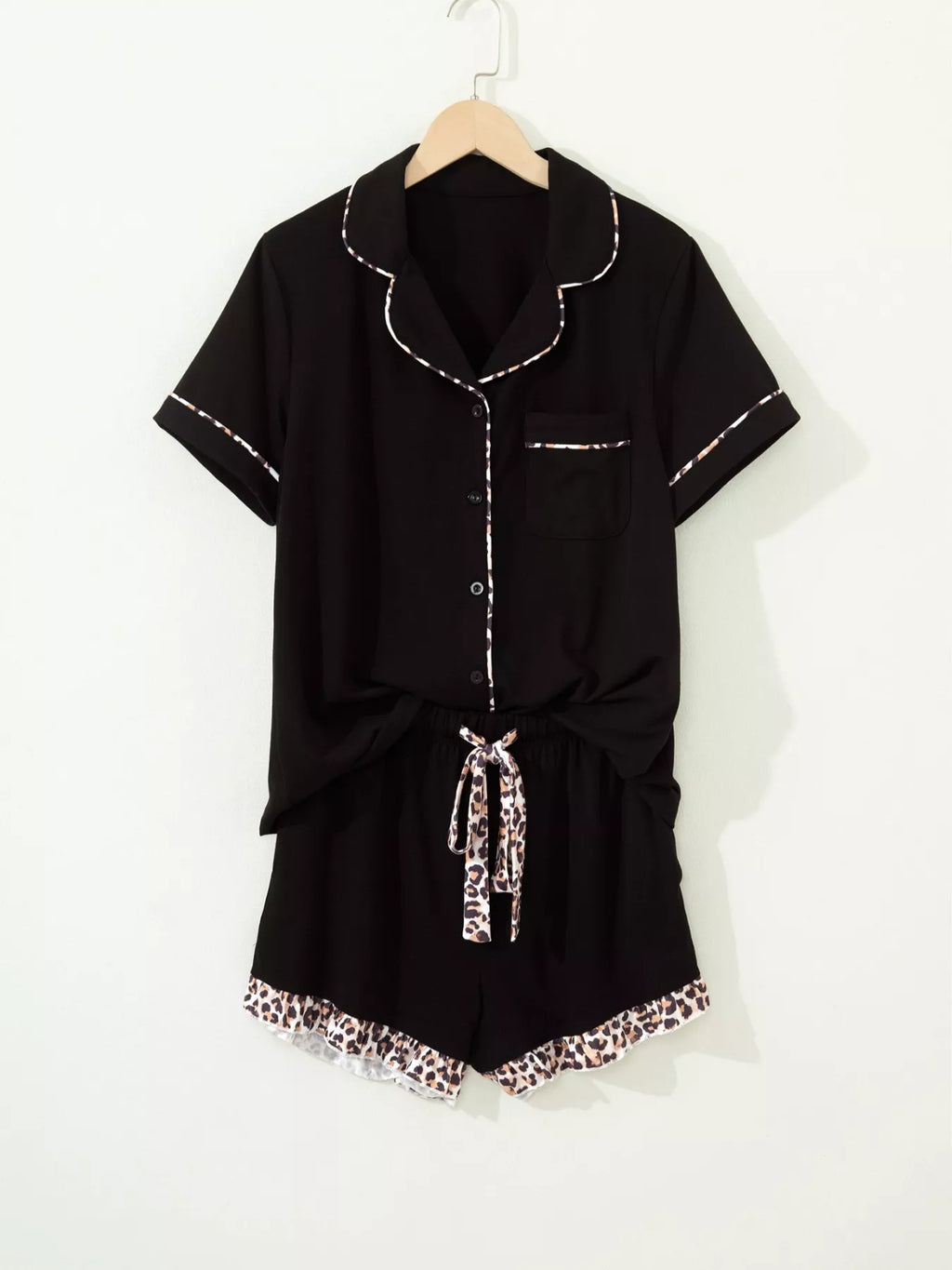 Leopard Patchwork Trim Lapel Shirt Drawstring Shorts 2pcs Pajama Set