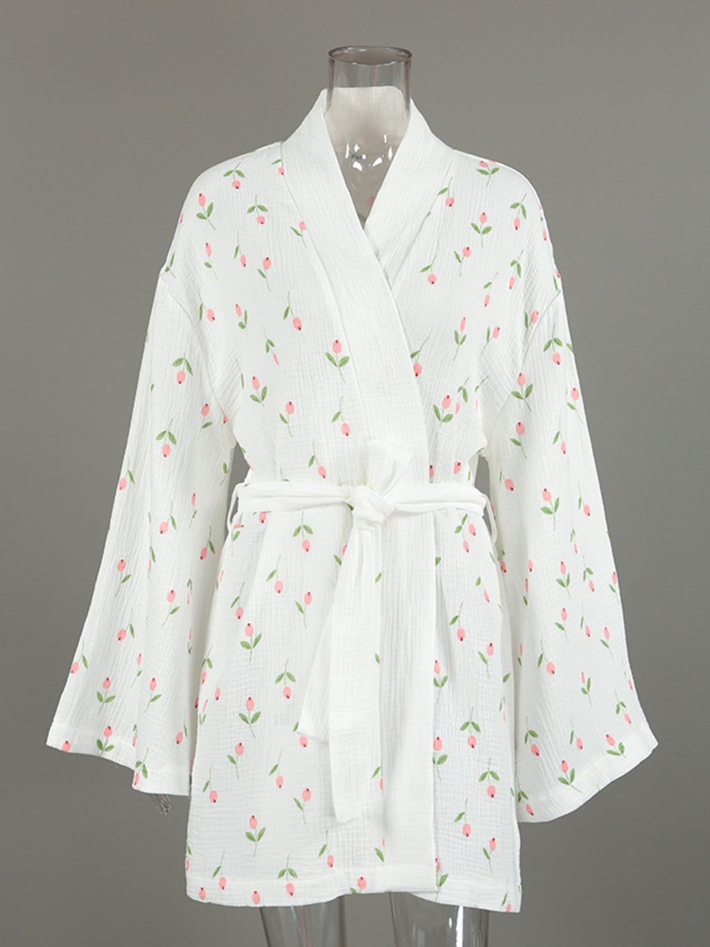 Floral Print Lightweight Lounge Nightgown, white with pink and green floral print, tied at waist