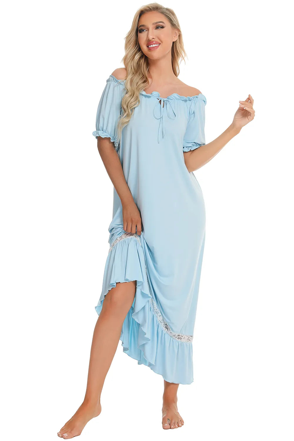 Lace Detail Short Sleeve Lounge Dress in light blue with off-the-shoulder neckline and ruffled hem