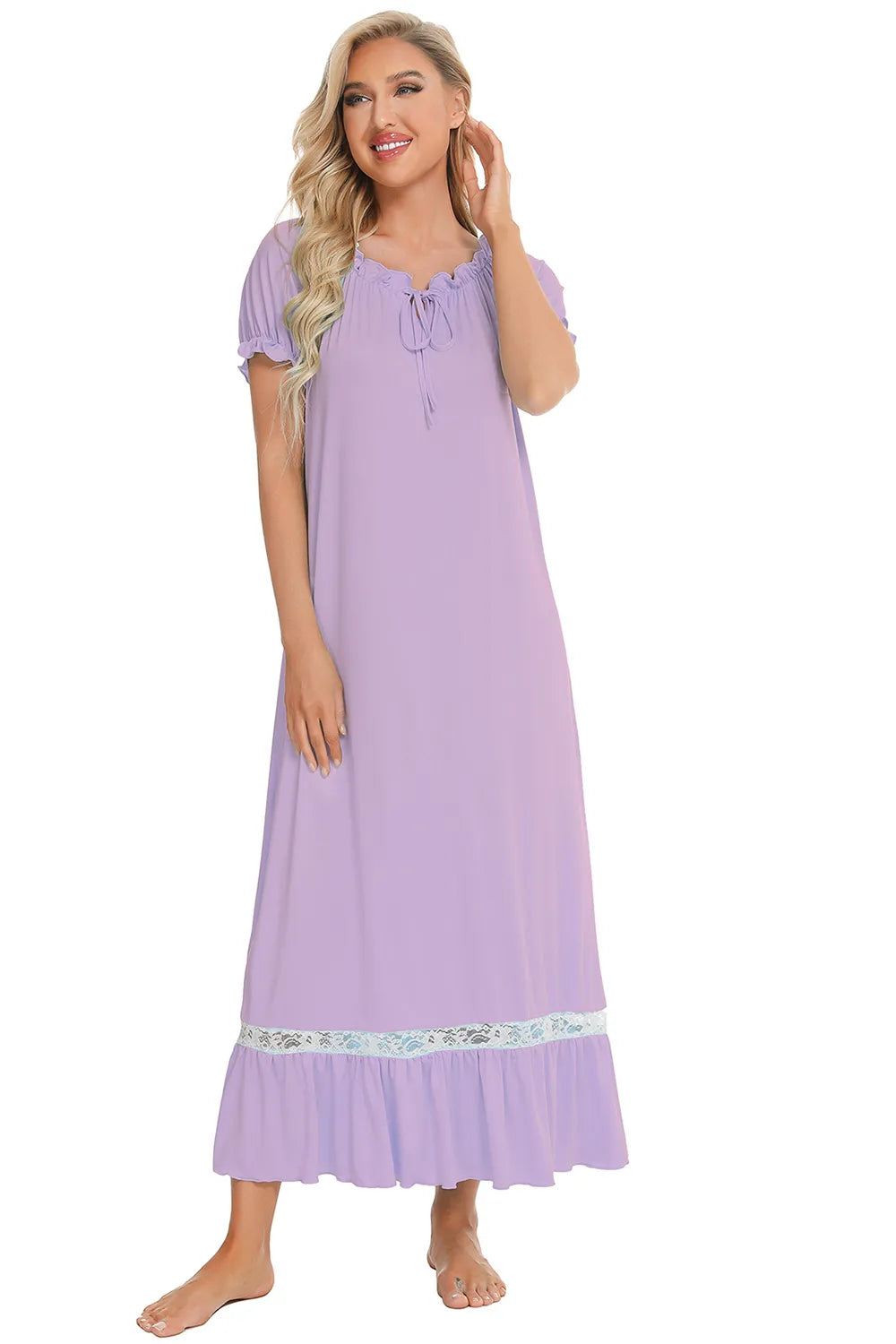 Lace Detail Short Sleeve Lounge Dress in lavender with ruffled hem and lace trim