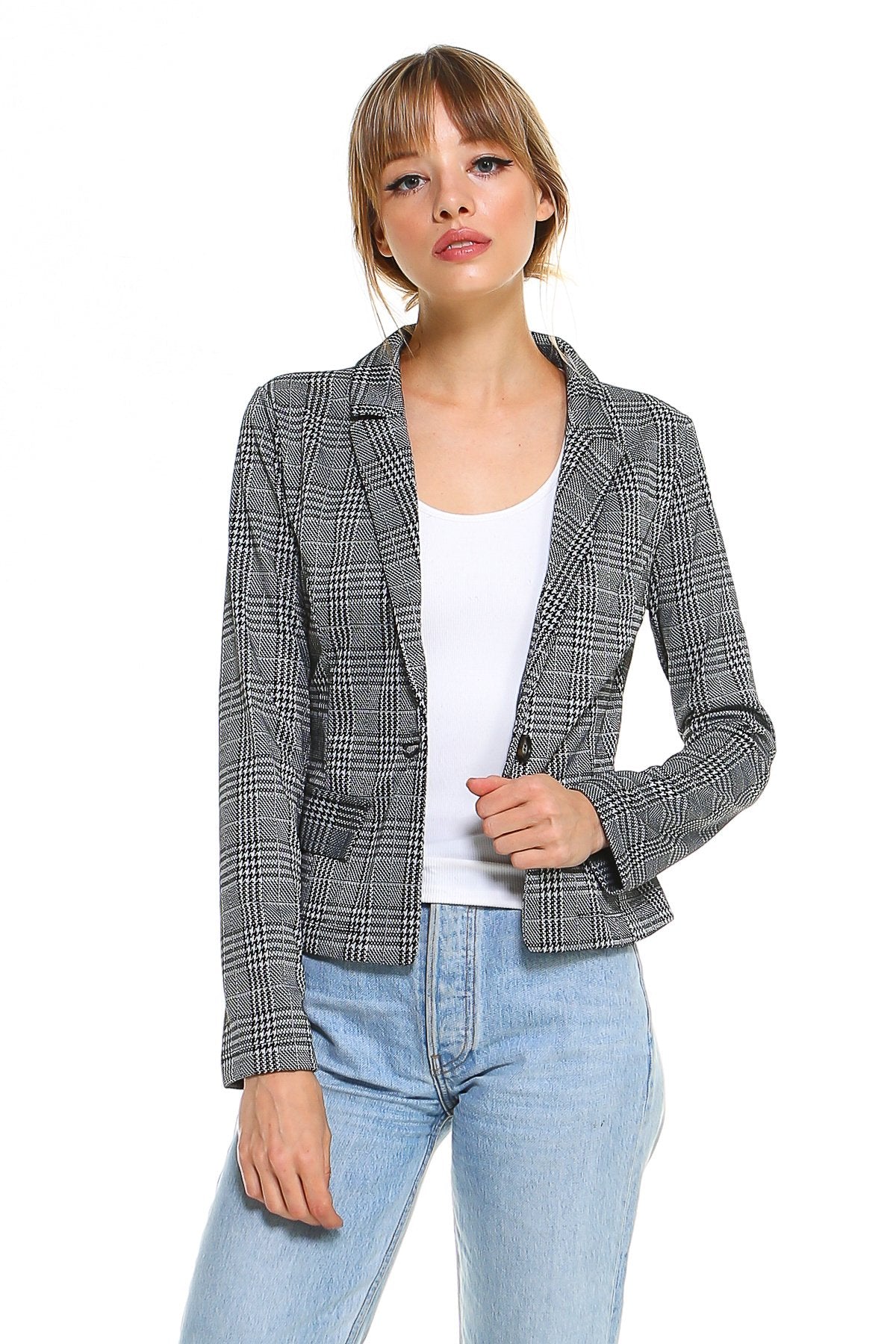 Classic Plaid Fitted Blazer, worn open over a white tank top and light wash jeans