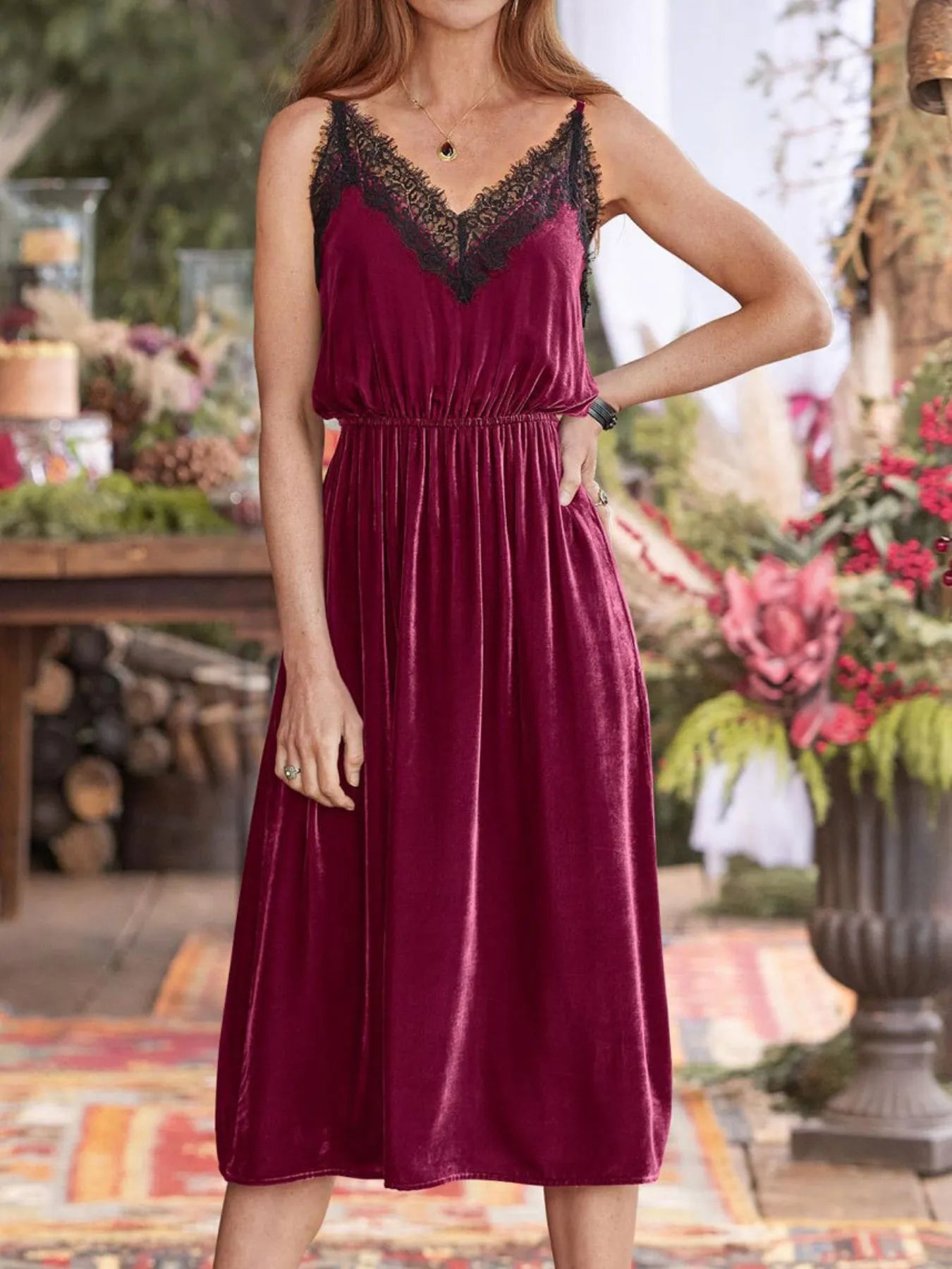 Velvet Cami Lounge Dress with Lace Trim in deep red with black lace detail
