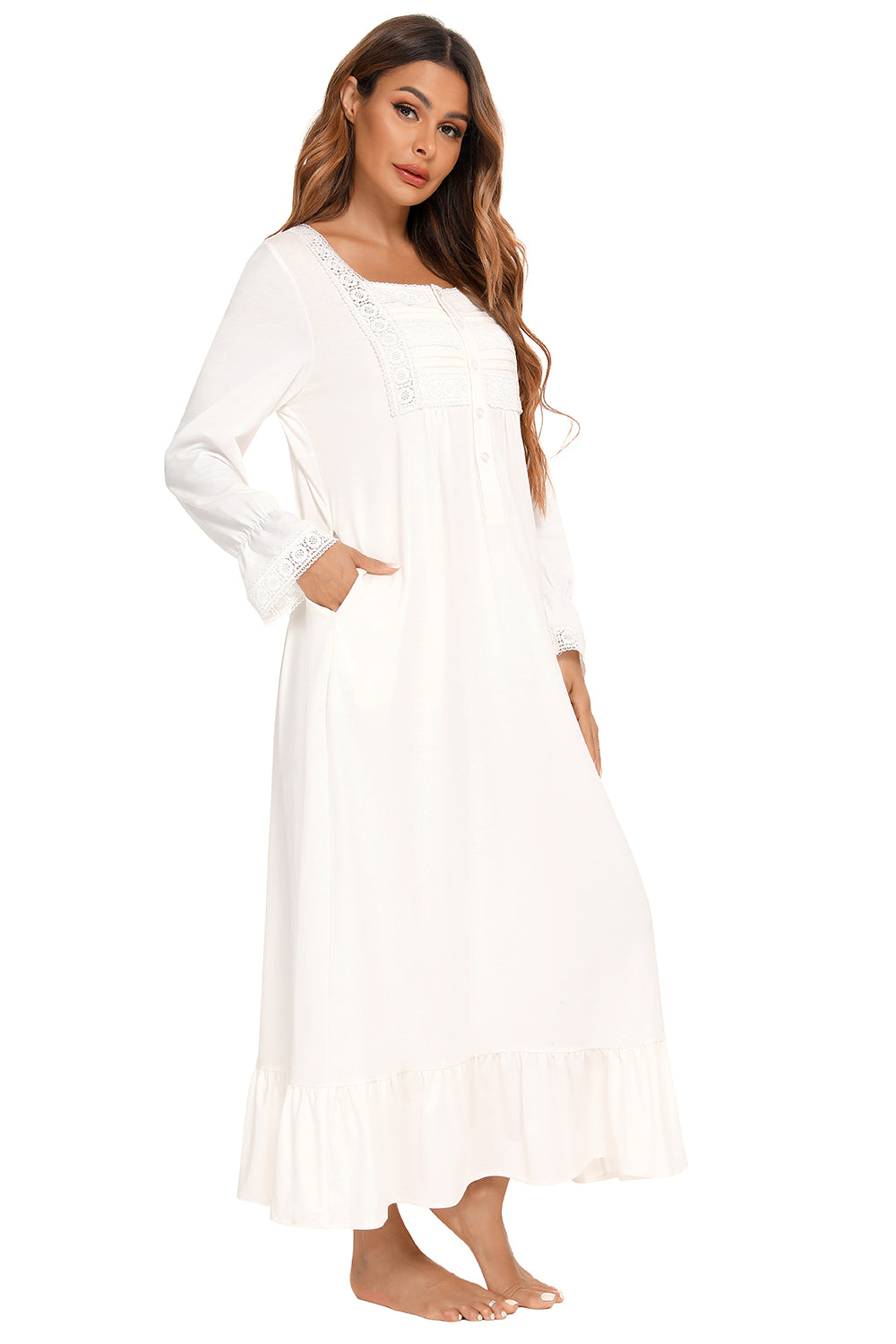 Lace Detail Square Neck Flounce Sleeve Night Dress in white with a model posing with one hand in the pocket