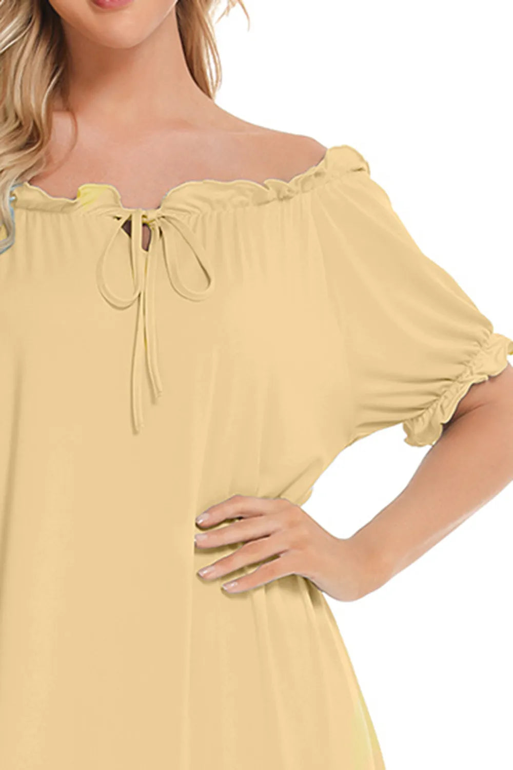 Lace Detail Short Sleeve Lounge Dress in light yellow with ruffled off-shoulder neckline and tie detail