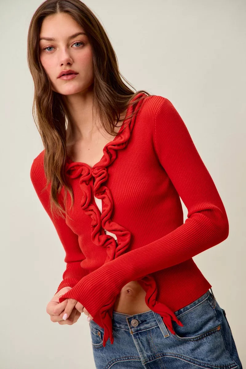 SO ME Cascade Ruffle Ribbed Sweater Cardigan in red with ruffle detail and long sleeves