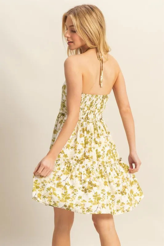 HYFVE Floral Print Halter Neck Tiered Mini Dress, back view
