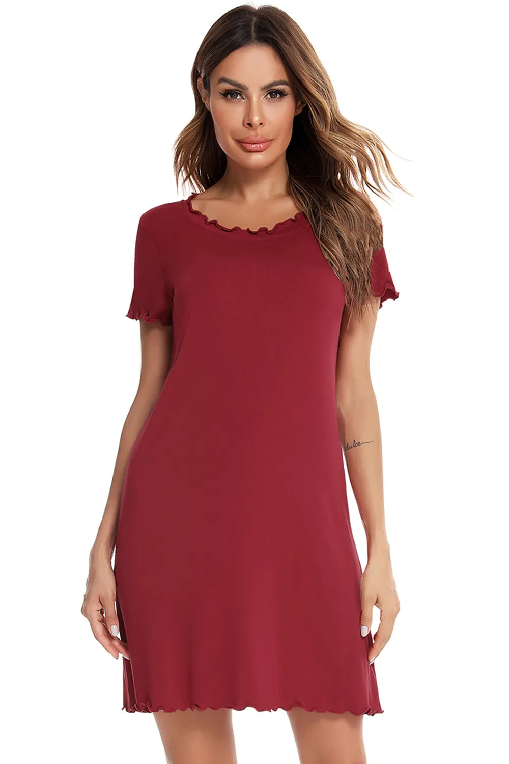 Round Neck Short Sleeve Lounge Dress in red with ruffled trim on neckline, sleeves, and hem