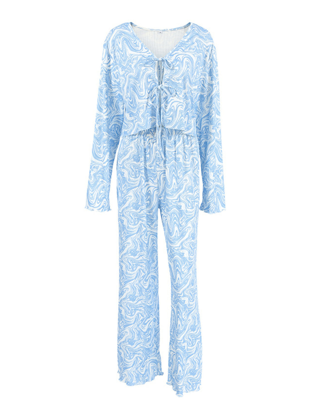 Tie Front Long Sleeve Top and Pants Lounge Set in blue and white marble print