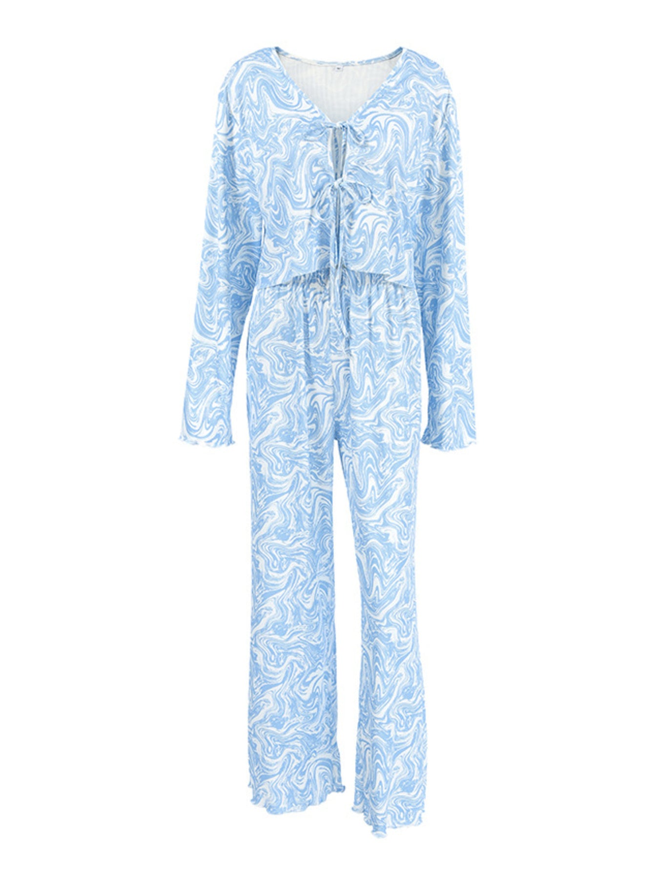 Tie Front Long Sleeve Top and Pants Lounge Set in blue and white marble print